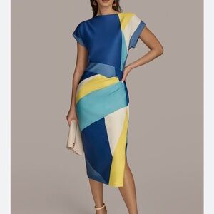 Donna Karan Blue and Yellow Geometric Midi Dress